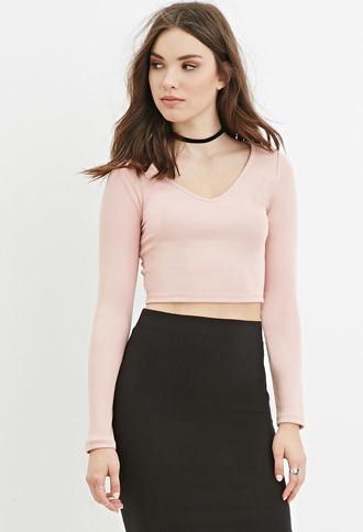 Forever21 Women's  Blush V-neck Ribbed Crop Top
