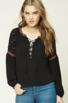 Forever21 Embroidered Lace-up Peasant Top