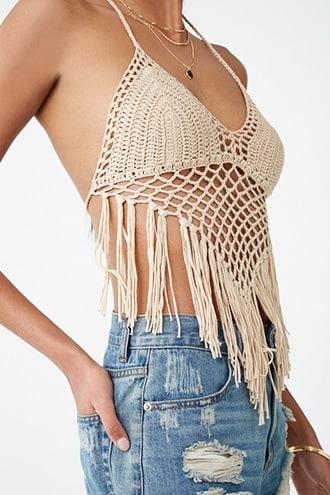 Forever21 Cropped Fringe Crochet Halter Cami