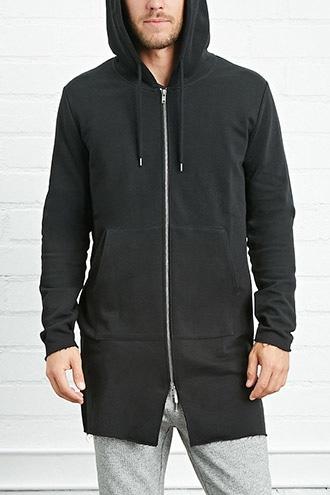 21 Men Men's  Black Longline Raw-cut Hoodie