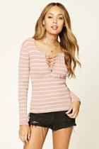 Forever21 Women's  Mauve & White Striped Split-neck Lace-up Top