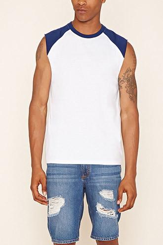 21 Men Men's  White & Blue Raw-cut Baseball Tee