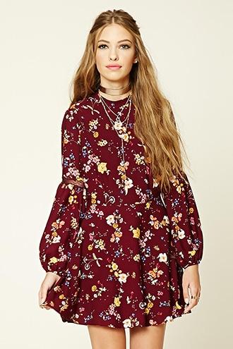 Forever21 Women's  Wine & Mustard Floral Print Mock Neck Dress