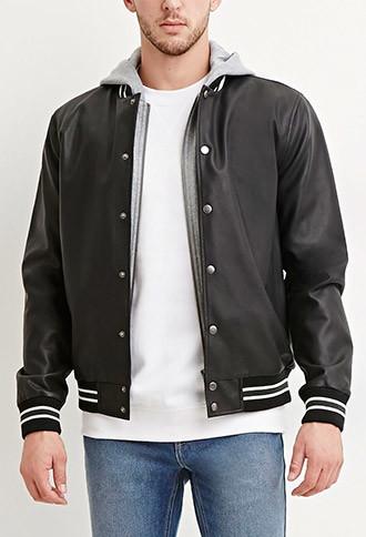 21 Men Men's  Hooded Faux Leather Varsity Jacket