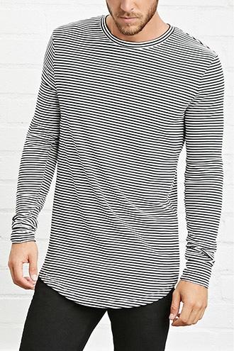 21 Men Men's  White & Black Striped Crew Neck Tee