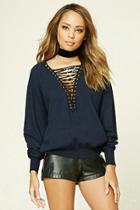 Forever21 Women's  Navy Twelve Lace-up Front Sweater