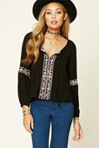 Forever21 Women's  Black Floral Embroidered Peasant Top