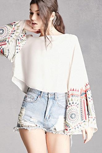 Forever21 Embroidered Bell-sleeve Crop Top