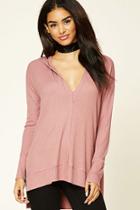 Forever21 Women's  Mauve Ribbed Knit V-neck Hoodie