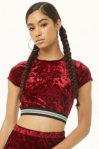 Forever21 Velvet Striped-trim Crop Tee