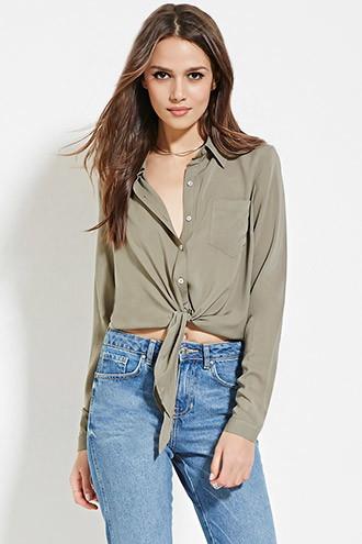 Love21 Women's  Olive Contemporary Knot-front Shirt