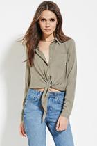 Love21 Women's  Olive Contemporary Knot-front Shirt