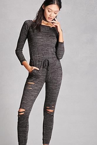 Forever21 Distressed Marled Knit Jumpsuit