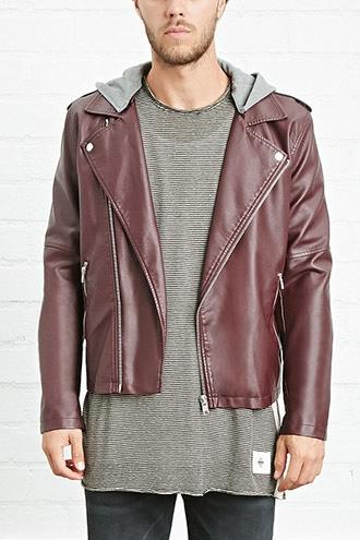 21 Men Men's Hooded Faux Leather Moto Jacket