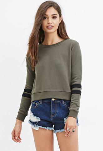 Forever21 Women's  Varsity-stripe Sweatshirt (olive/black)