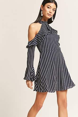 Forever21 Stripe Ruffle Open-shoulder Dress