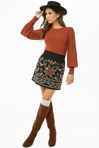 Forever21 Floral Embroidered Denim Skirt