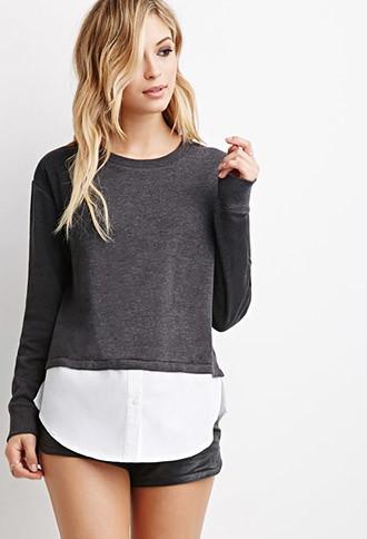Forever21 Woven Shirt-paneled Sweatshirt