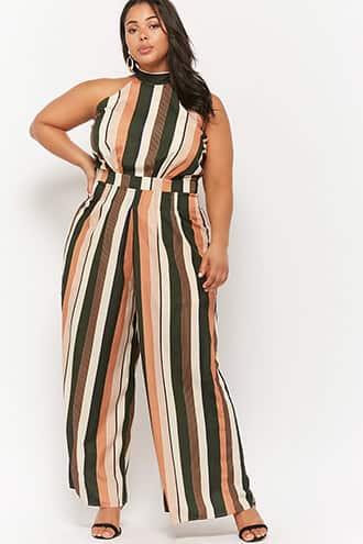 Forever21 Plus Size Striped High-neck Jumpsuit