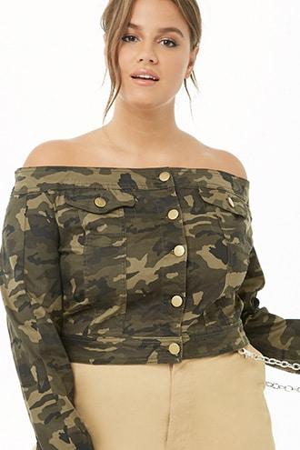 Forever21 Plus Size Camo Off-the-shoulder Denim Jacket
