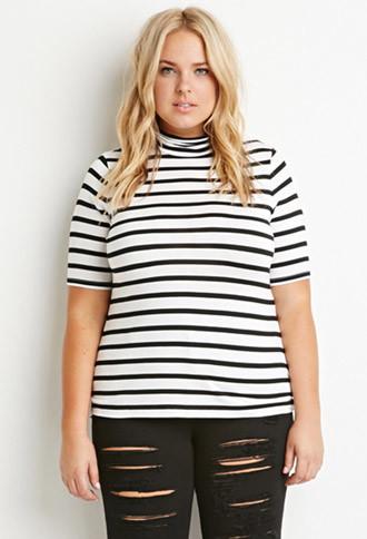 Forever21 Plus Women's  Striped Turtleneck Top (ivory/black)