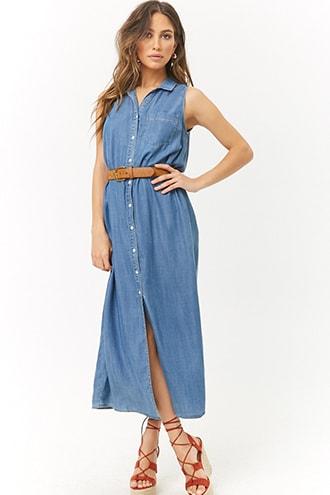 Forever21 Chambray Button-front Sleeveless Shirt Dress