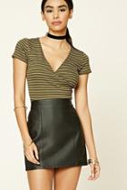 Forever21 Women's  Olive & Ivory Striped Surplice Front Top