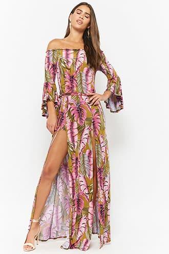 Forever21 Leaf Print Off-the-shoulder Maxi Skort Romper