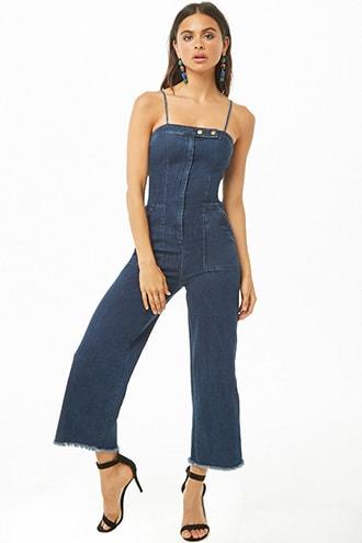 Forever21 Square Neck Wide-leg Denim Jumpsuit