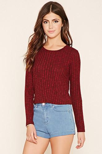 Forever21 Women's  Burgundy Cropped Ribbed Knit Sweater