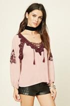 Forever21 Women's  Embroidered Lace-up Peasant Top
