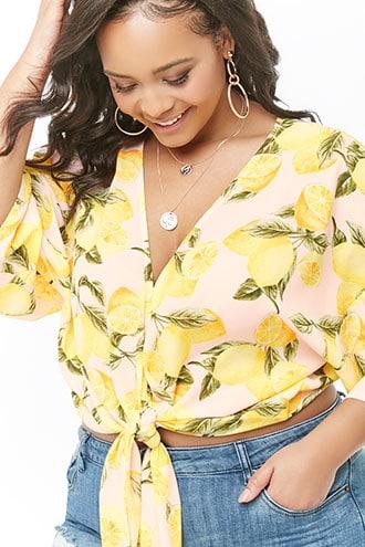 Forever21 Plus Size Lemon Garden Print Chiffon Top