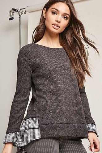 Forever21 Gingham-trim Brushed-knit Top