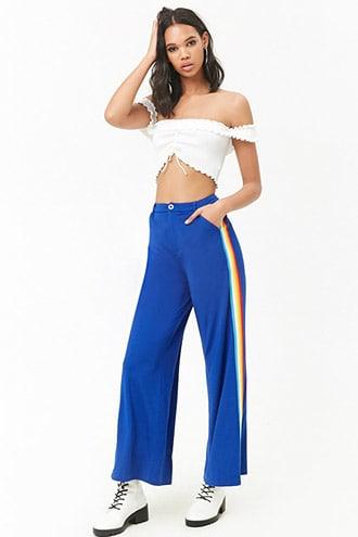 Forever21 Rainbow Striped-trim Wide-leg Pants