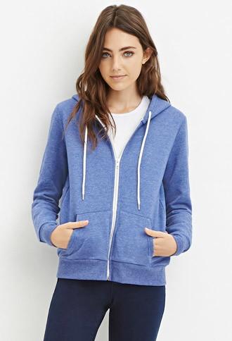 Forever21 Women's  Zip-up Drawstring Hoodie (blue)