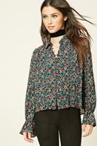 Forever21 Women's  Black & Teal Semi-sheer Floral Print Shirt