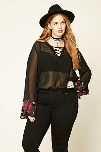 Forever21 Plus Women's  Black & Red Plus Size Peasant Top
