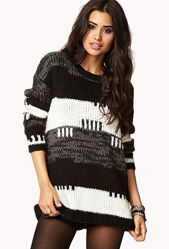 Forever21 Striped Cable Knit Boyfriend Sweater Black/white Small