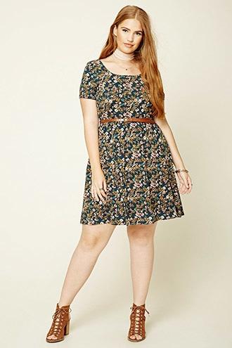 Forever21 Plus Women's  Hunter Green & Pink Plus Size Floral Print Dress