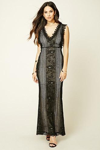 Forever21 Women's  Black & Nude Crochet Lace Maxi Dress