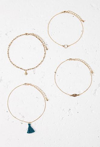 Forever21 Tassel And Feather Anklet Set (gold/teal)