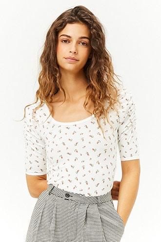 Forever21 Floral Ruched Picot-trim Top