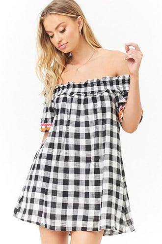 Forever21 Gauze Buffalo Plaid Off-the-shoulder Dress