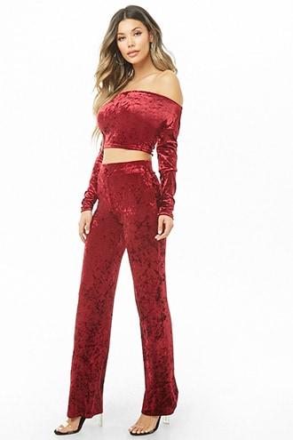 Forever21 Velvet Off-the-shoulder Top & Pants Set