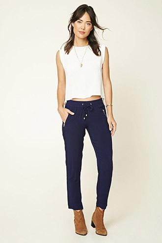 Forever21 Women's  Navy Wide-leg Drawstring Pants