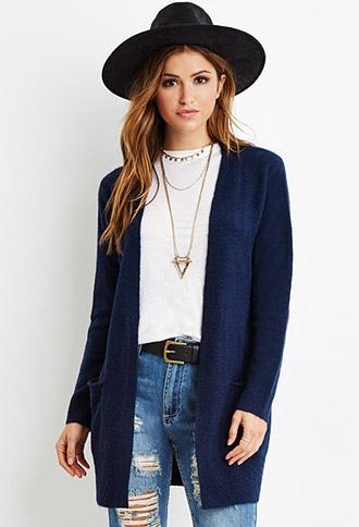 Forever21 Women's  Dark Navy Fuzzy Open-front Cardigan