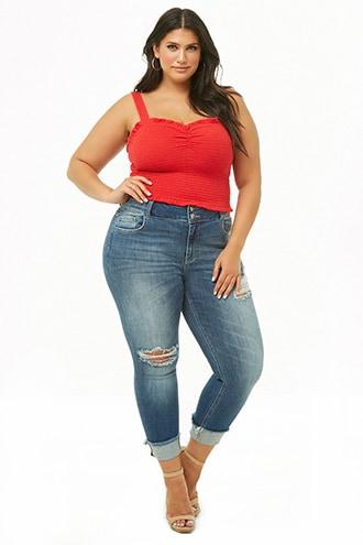 Forever21 Plus Size Distressed Cuffed Ankle Skinny Jeans