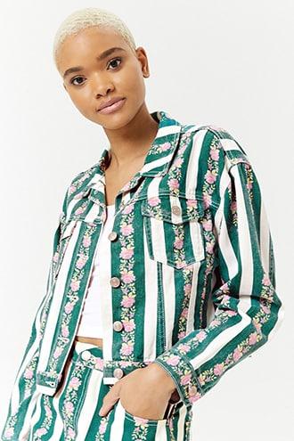 Forever21 Striped Floral Denim Jacket