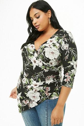 Forever21 Plus Size Asymmetrical Floral Surplice Top