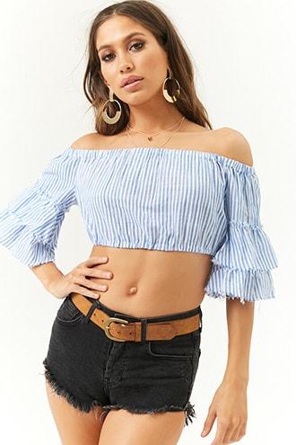 Forever21 Striped Off-the-shoulder Frayed Crop Top